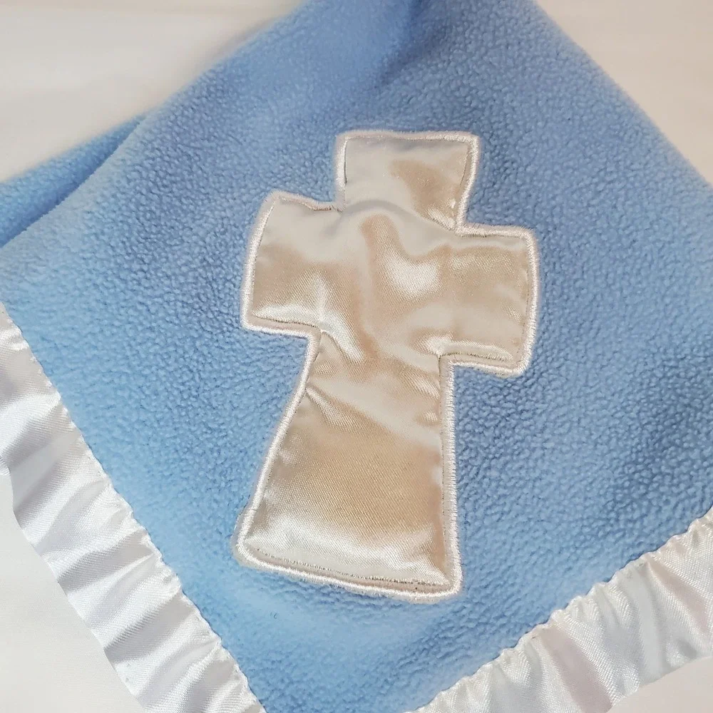 Baby Boom‎ Blue Lovey Security Blanket White Angel Bear Satin Cross Trim
